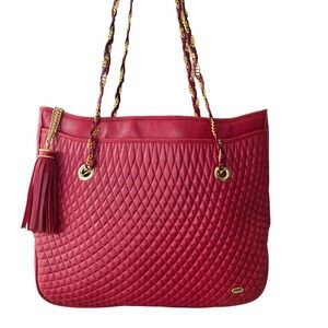 Bally Quilted Lambskin Leather Tote Chain Tassel Shoulder Bag Red vintage